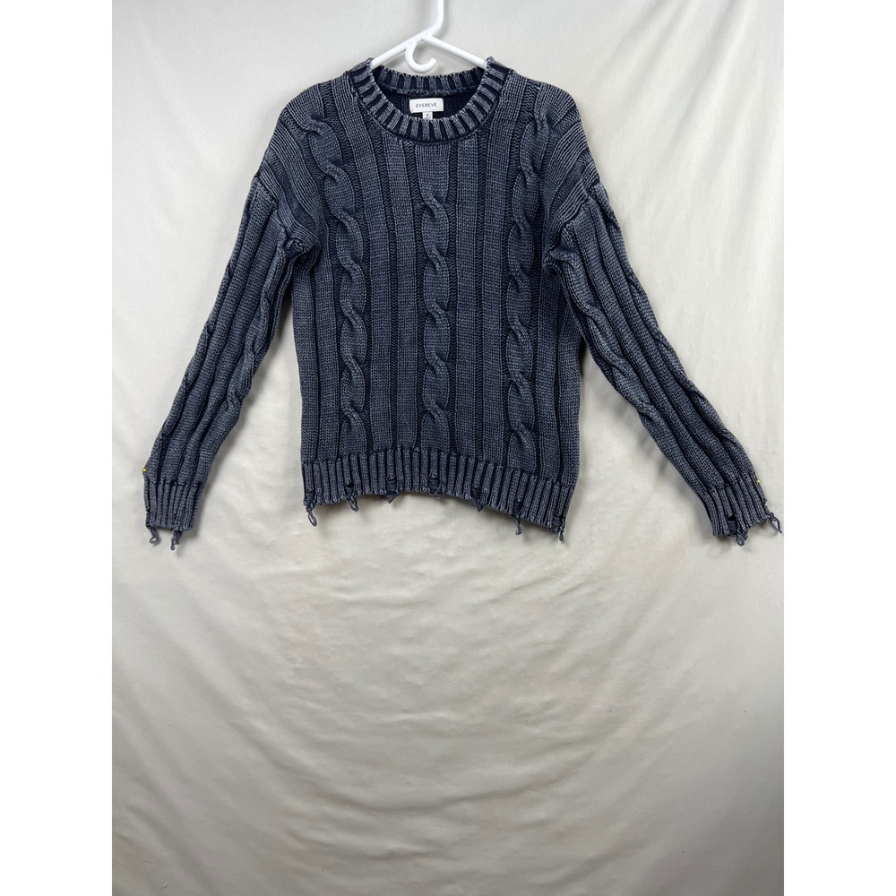 Evereve Cable Knit Sweater Womens Medium Blue Distressed Cotton Crew Neck Artsy